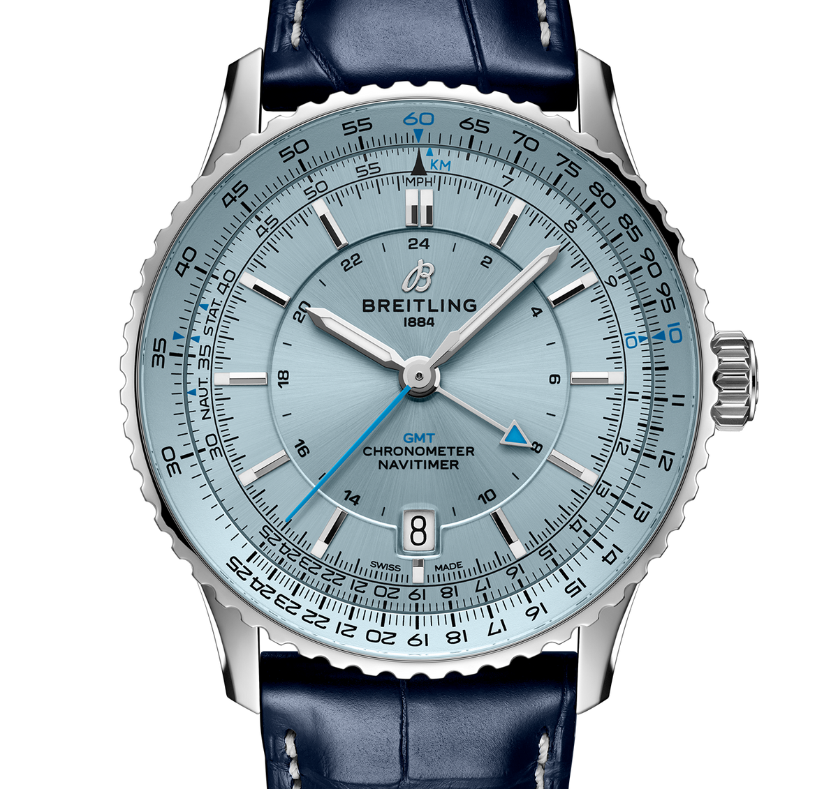 Breitling Navitimer Automatic GMT 41 Watch with Navy Leather Strap