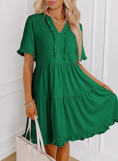 Women’s Elegant Green Ruffle Sleeve V-Neck Tiered Midi Dress