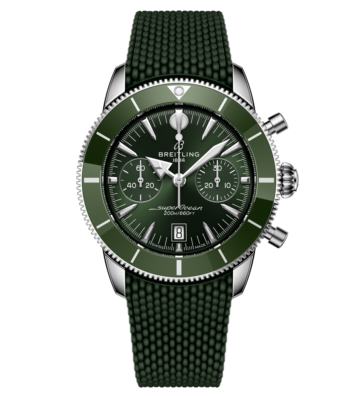 Breitling Superocean Heritage B01 Chronograph 42 Watch with Green Mesh Rubber Strap