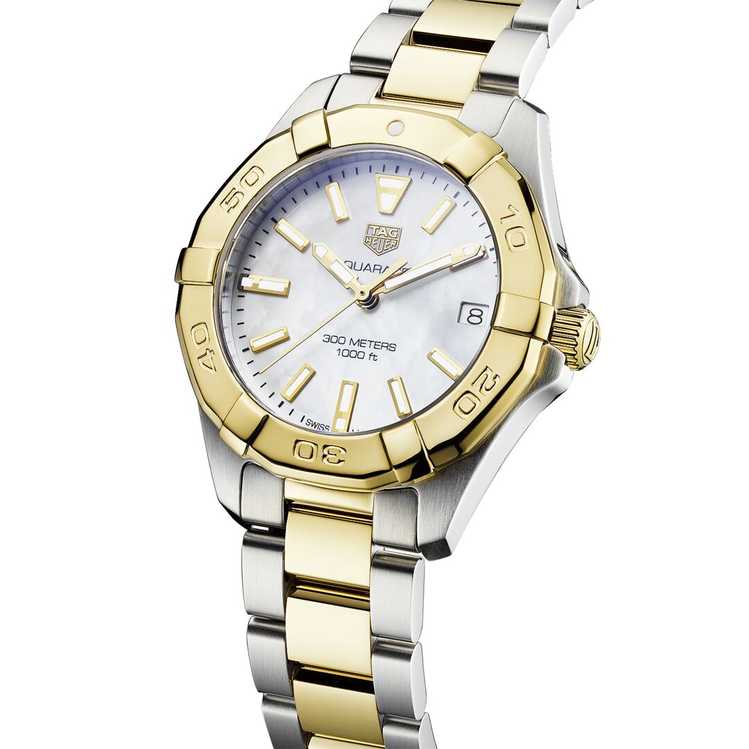 TAG Heuer Aquaracer Ladies' Quartz Movement Mother-of-Pearl Dial and Yellow Gold Bezel Watch